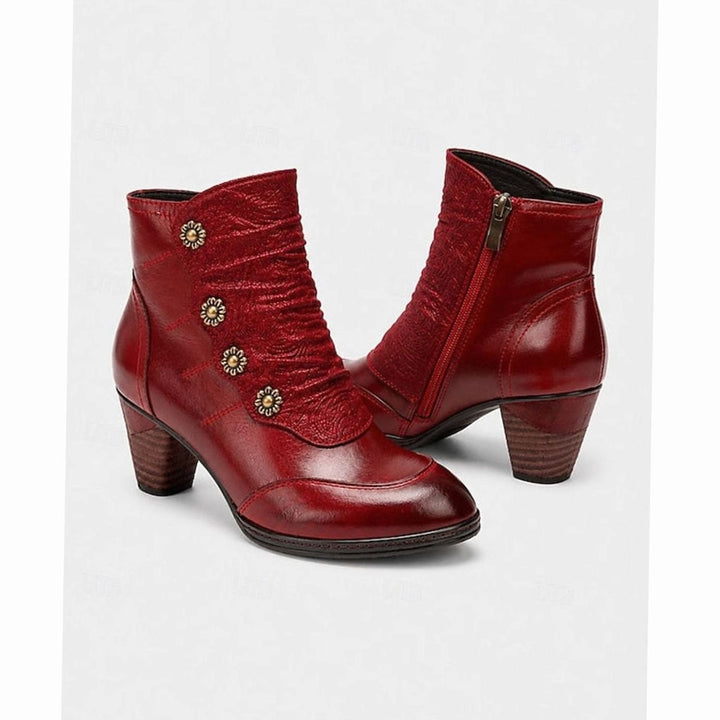 Women's Block-Heeled Ankle Booties Floral Button Zip-Up