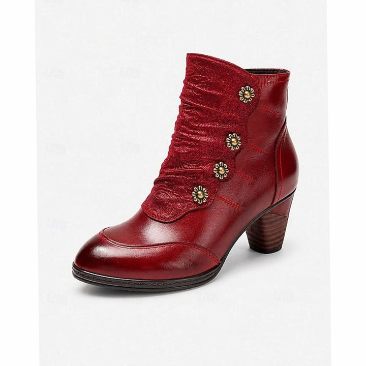 Women's Block-Heeled Ankle Booties Floral Button Zip-Up