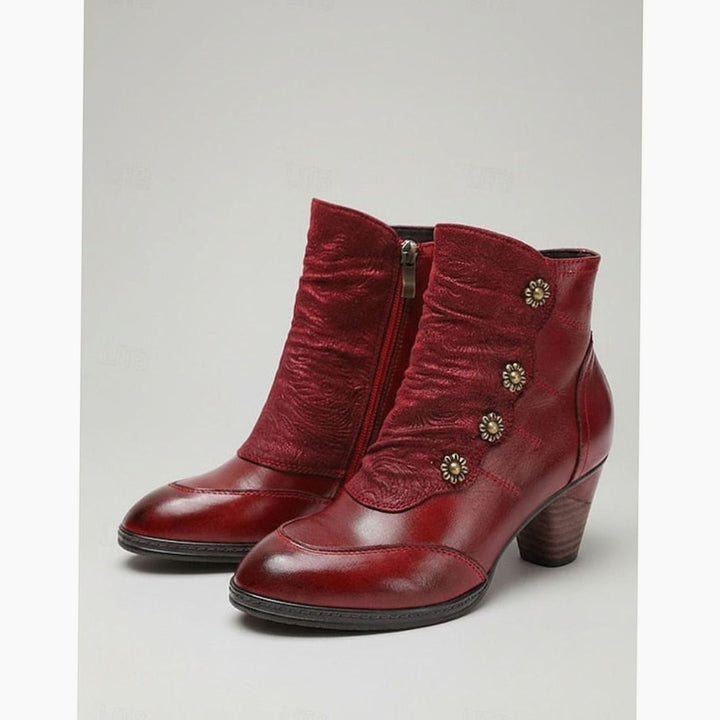 Women's Block-Heeled Ankle Booties Floral Button Zip-Up - Wine