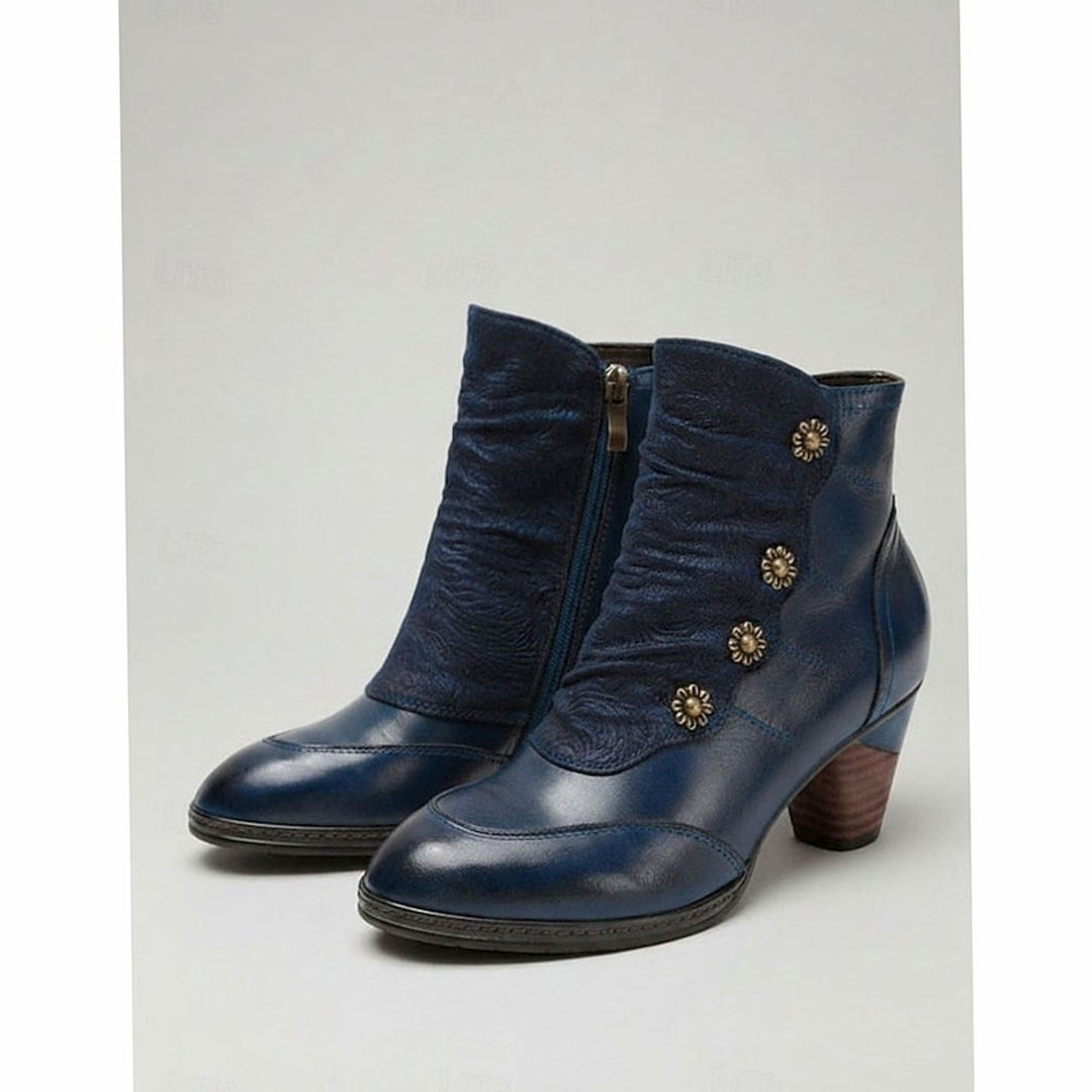 Women's Block-Heeled Ankle Booties Floral Button Zip-Up - Blue