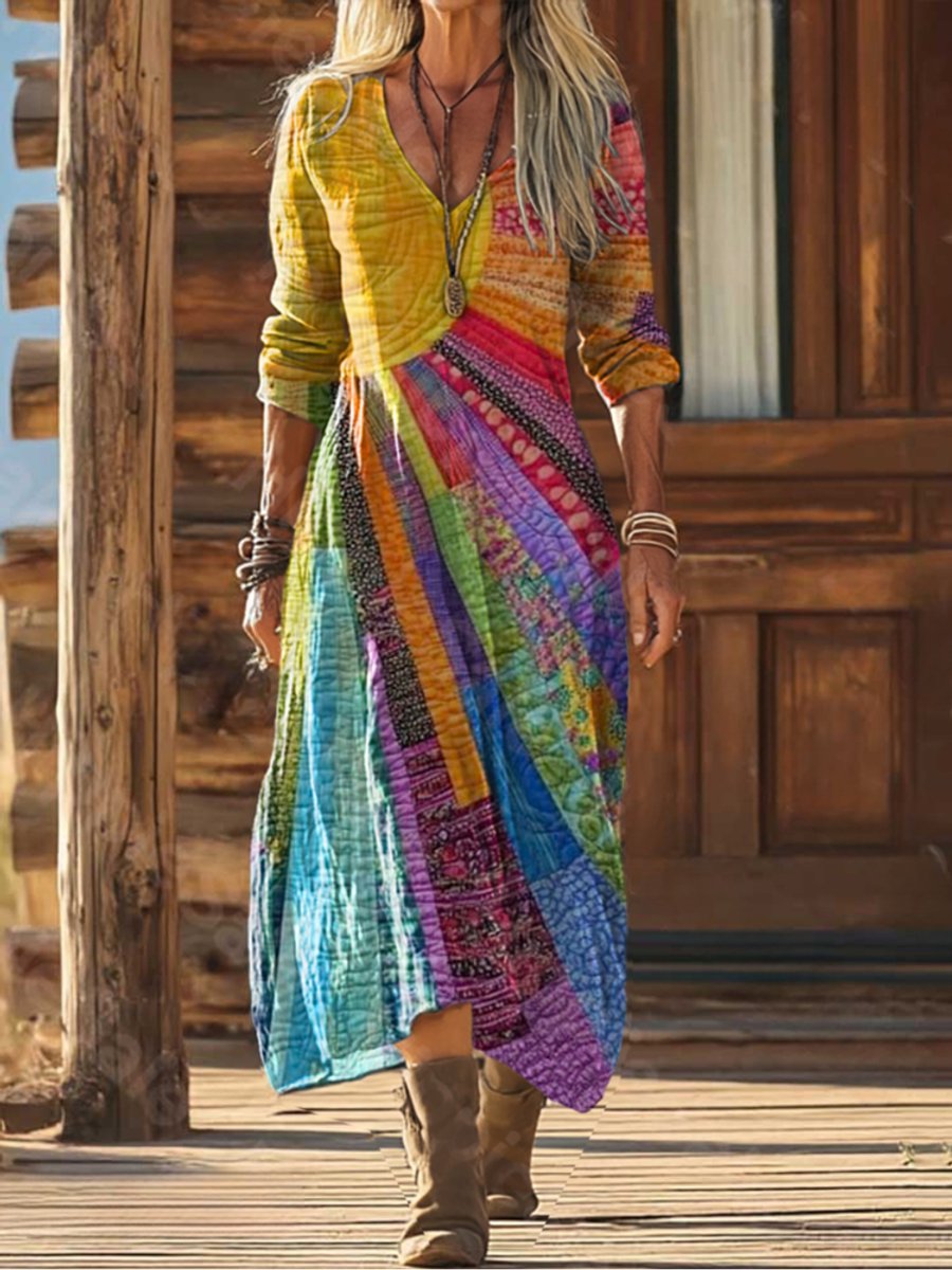 Women's Boho Patchwork Long-Sleeve V-Neck Midi Dress
