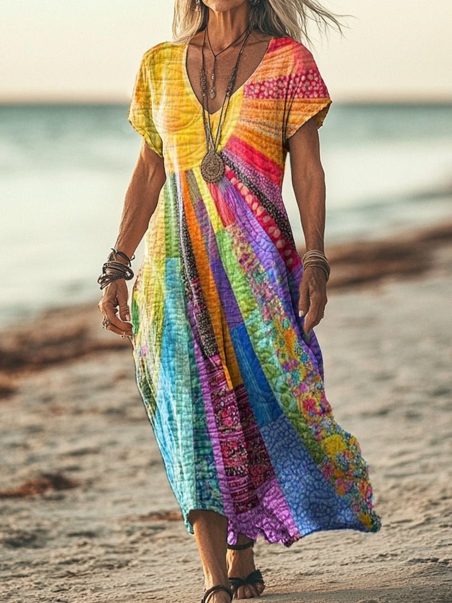 Women's Boho Patchwork Long-Sleeve V-Neck Midi Dress