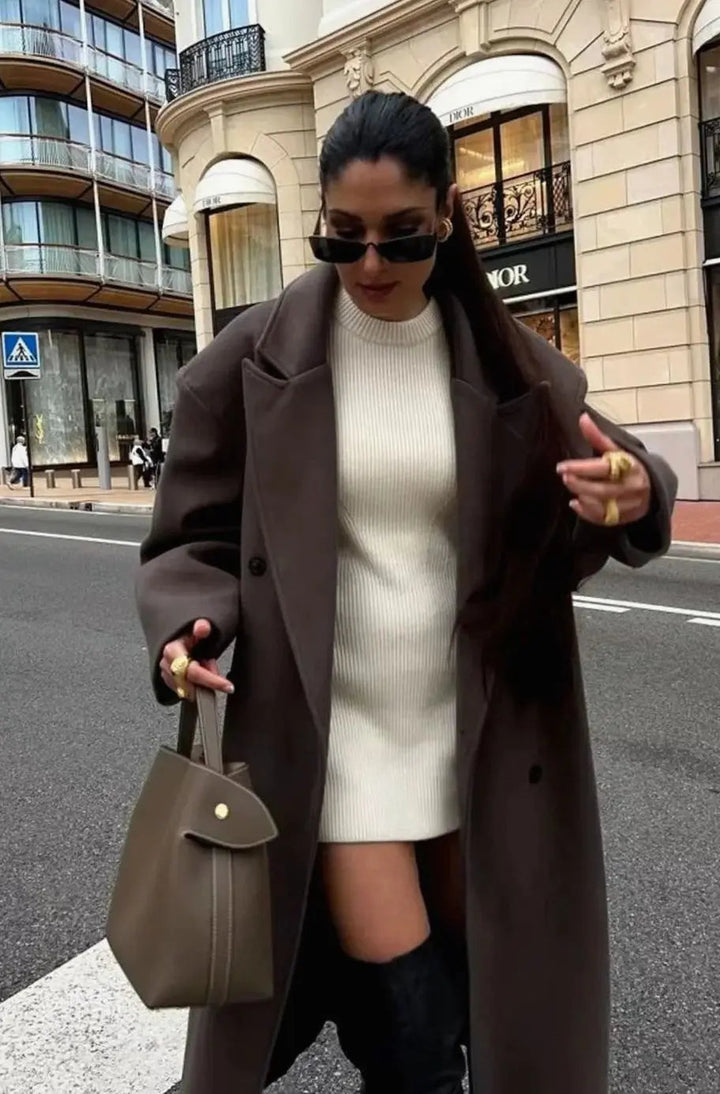 Women's Brown Oversized Double-Breasted Long Coat