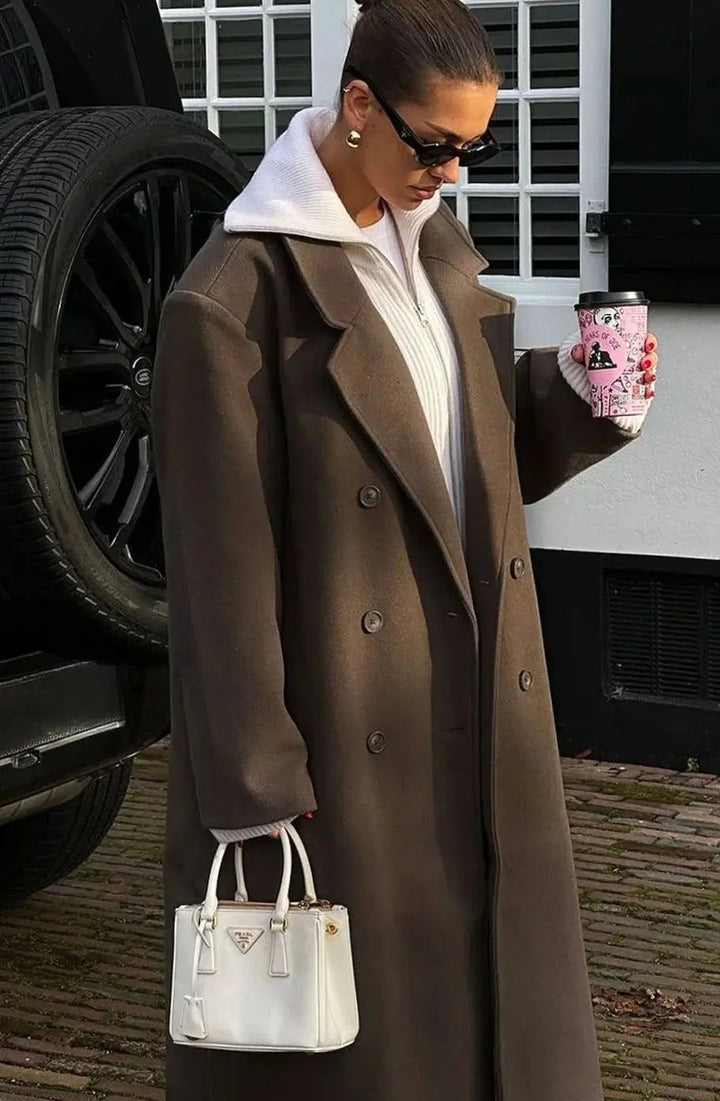 Women's Brown Oversized Double-Breasted Long Coat