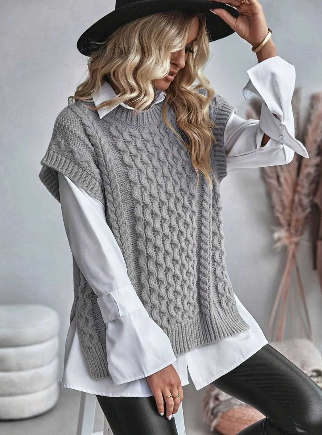 Women's Cable-Knit Relaxed-Fit Mock-Neck Sweater Vest