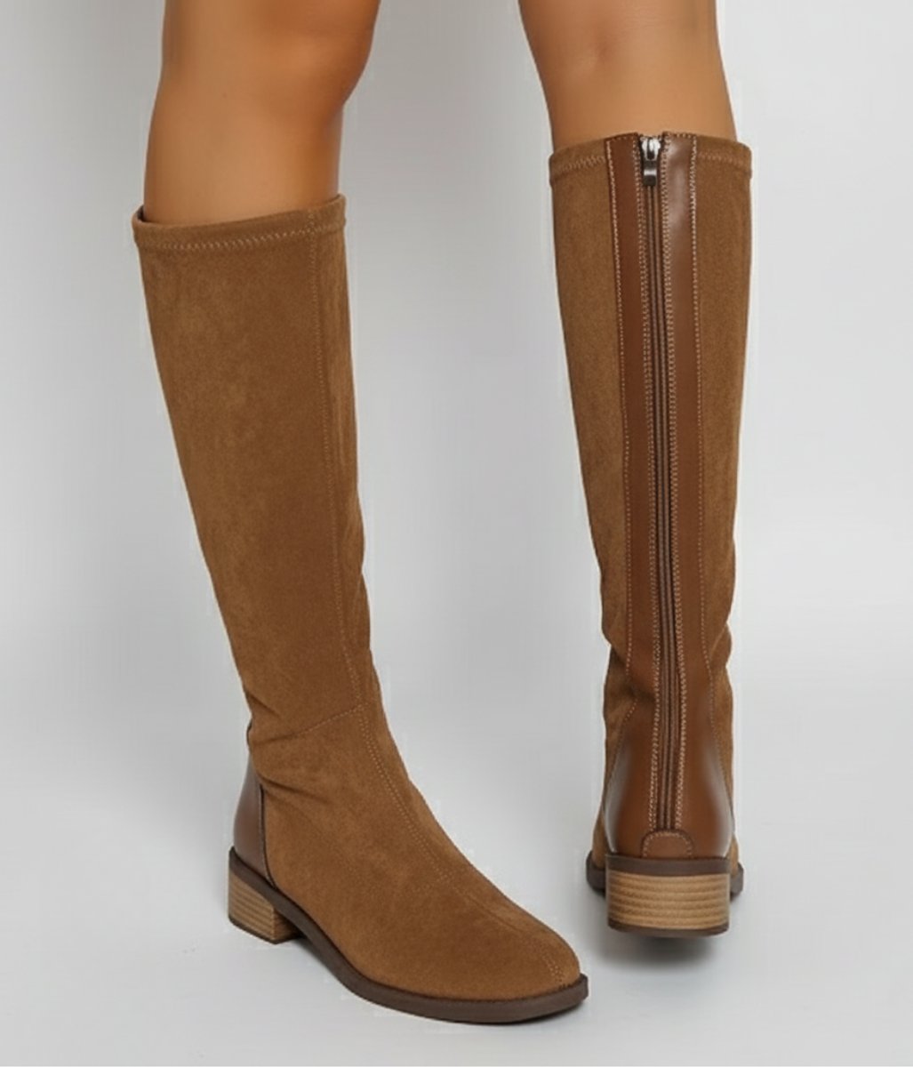 Women's Camel Suede-Look Knee-High Block Heel Boots