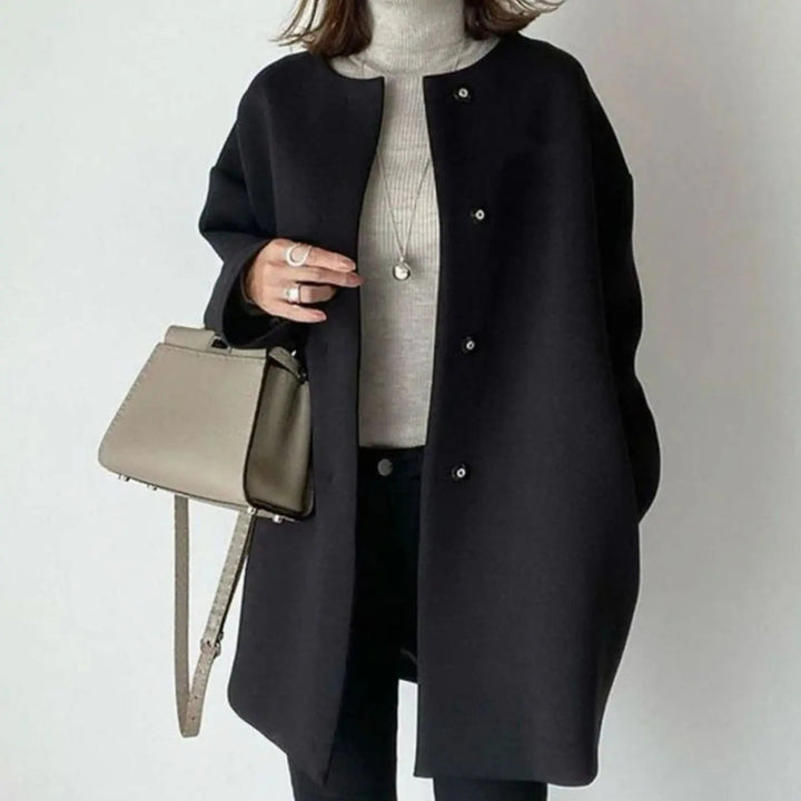 Women's Chic Collarless Button-Front Longline Coat - Black
