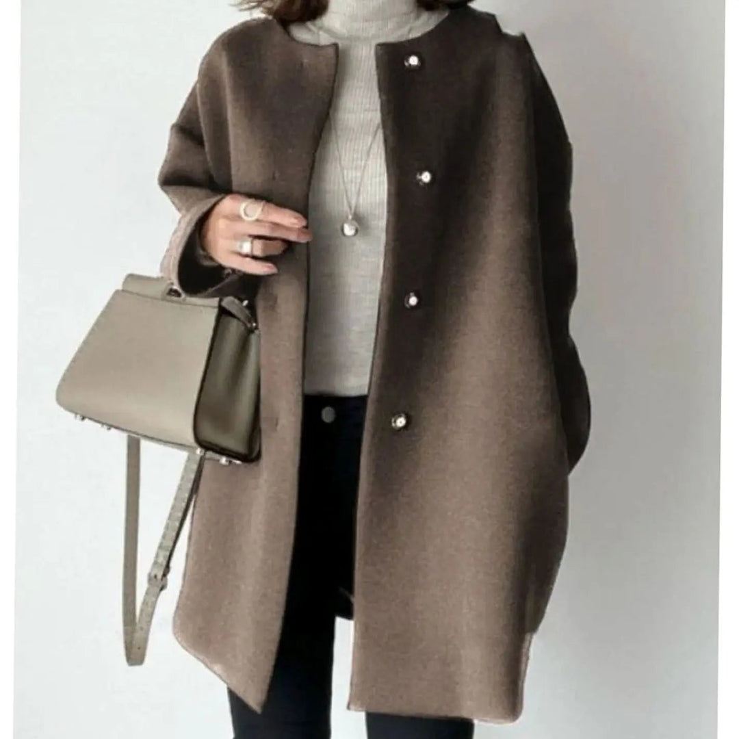 Women's Chic Collarless Button-Front Longline Coat - Brown