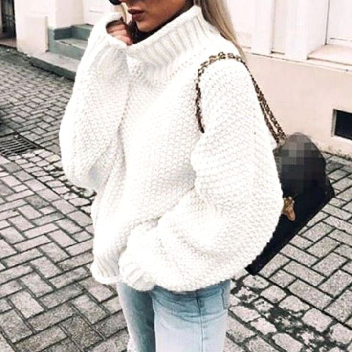Women's Chunky Knit Oversized Turtleneck Sweater Relaxed Fit - White