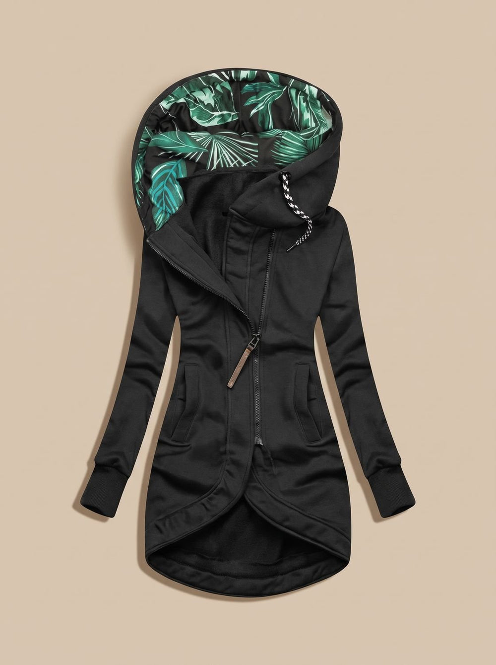 Women's Comfy Zip-Up Hooded Jacket Tropical-Lined - Black
