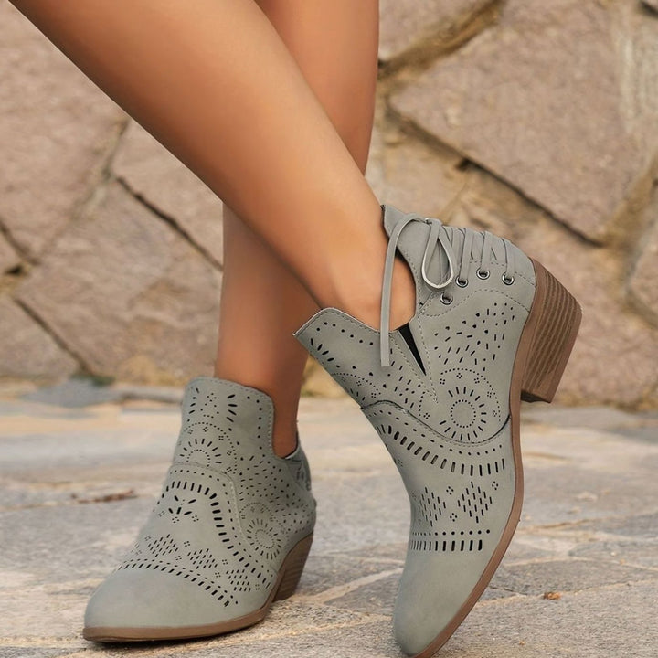 Women's Cutout Lace-Up Block Heel Ankle Boots - Grey