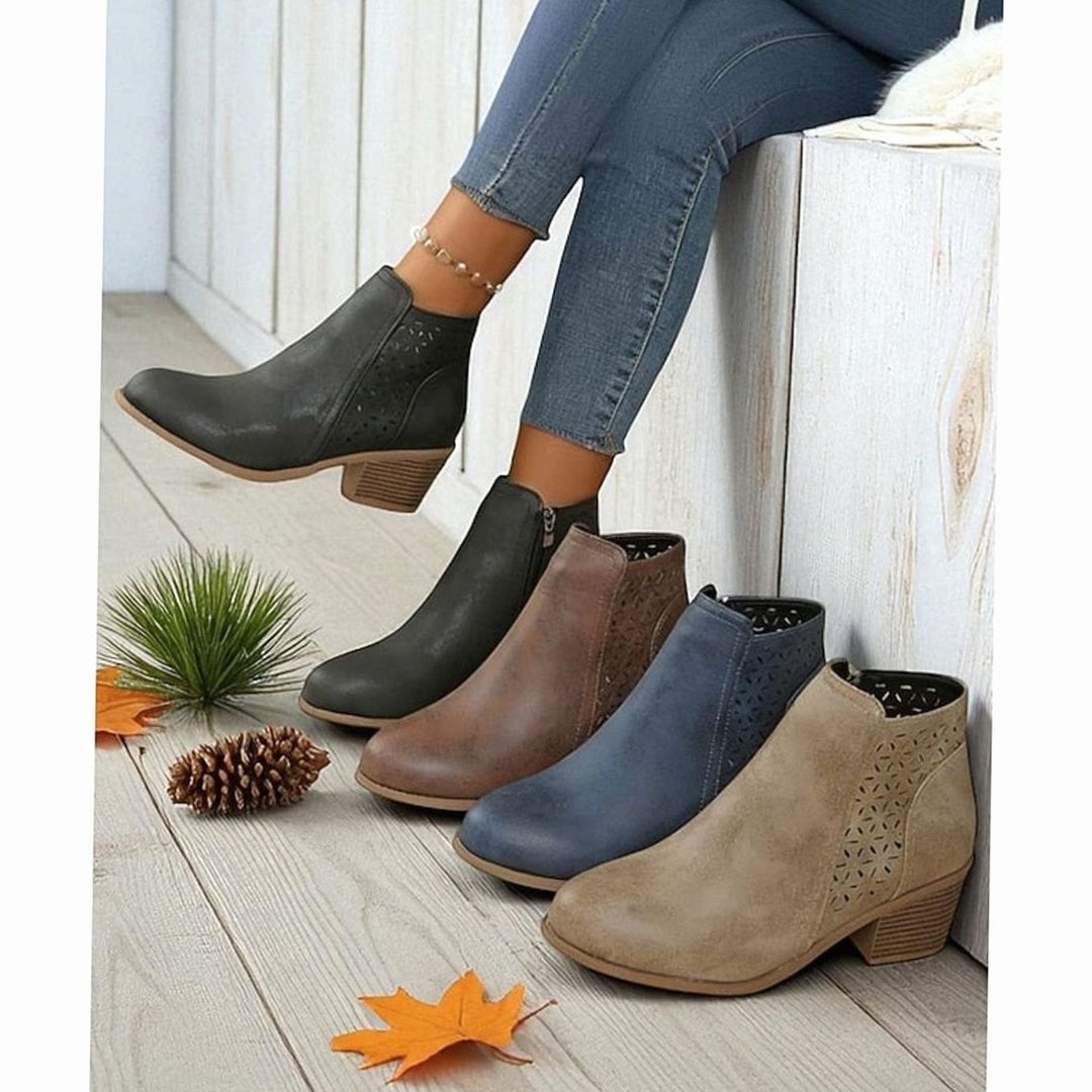 Women's Cutout Low Block-Heel Ankle Boots Side Zip