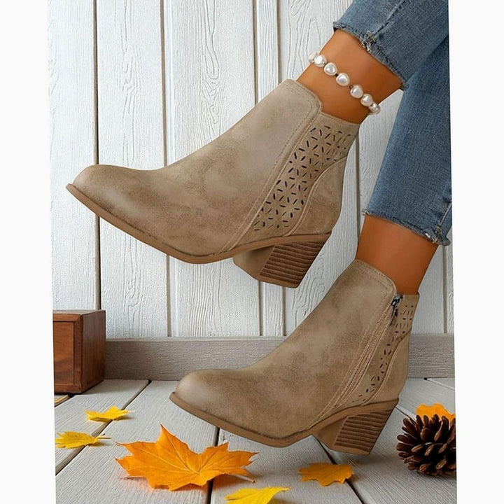 Women's Cutout Low Block-Heel Ankle Boots Side Zip