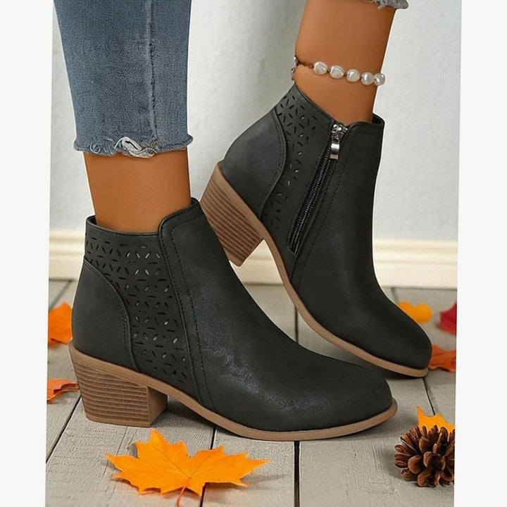 Women's Cutout Low Block-Heel Ankle Boots Side Zip