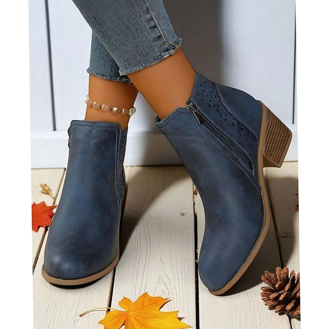 Women's Cutout Low Block-Heel Ankle Boots Side Zip