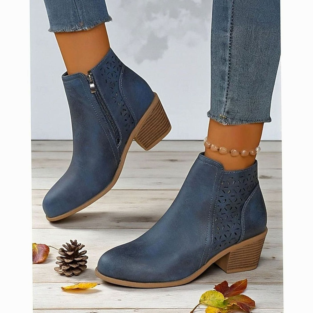 Women's Cutout Low Block-Heel Ankle Boots Side Zip - Blue