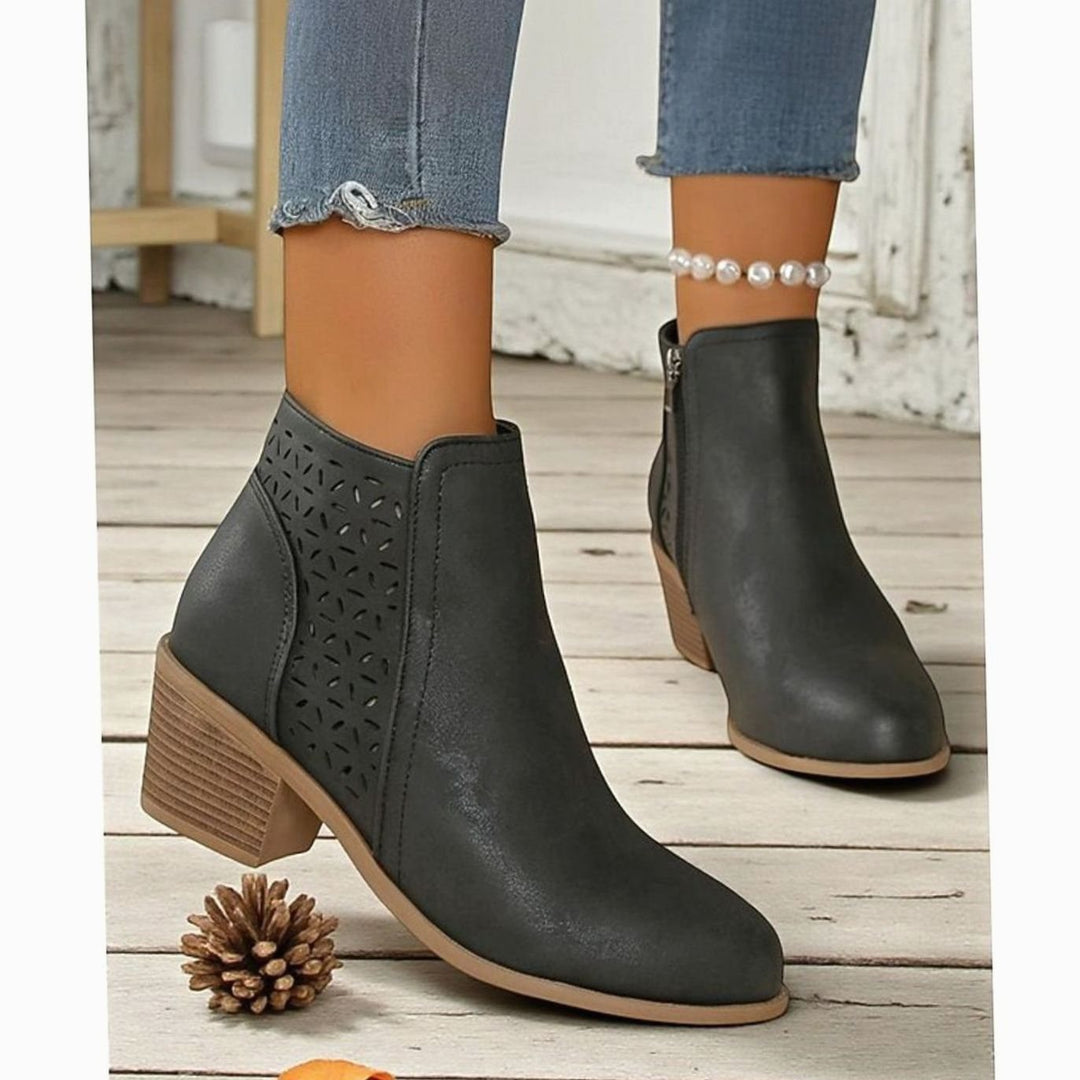 Women's Cutout Low Block-Heel Ankle Boots Side Zip - Black