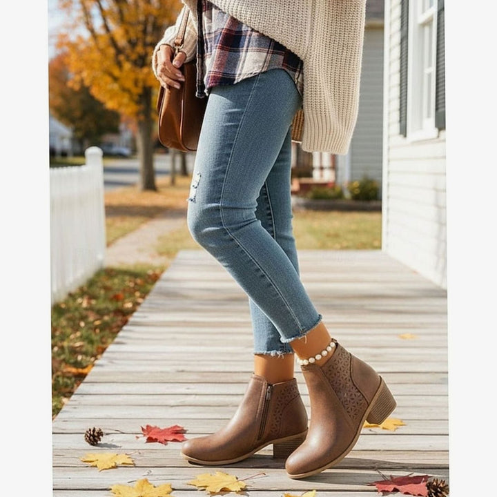 Women's Cutout Low Block-Heel Ankle Boots Side Zip