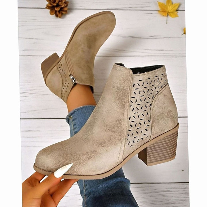 Women's Cutout Low Block-Heel Ankle Boots Side Zip - Khaki