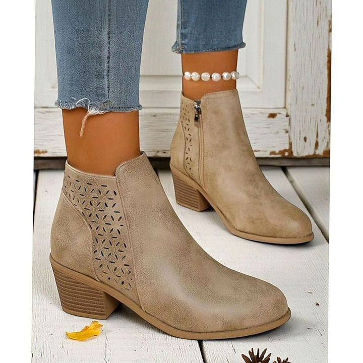 Women's Cutout Low Block-Heel Ankle Boots Side Zip