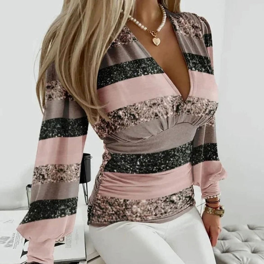 Women's Deep V-Neck Ruched Waist Blouse Long Sleeve Fitted Top - Pink and Black Stripes