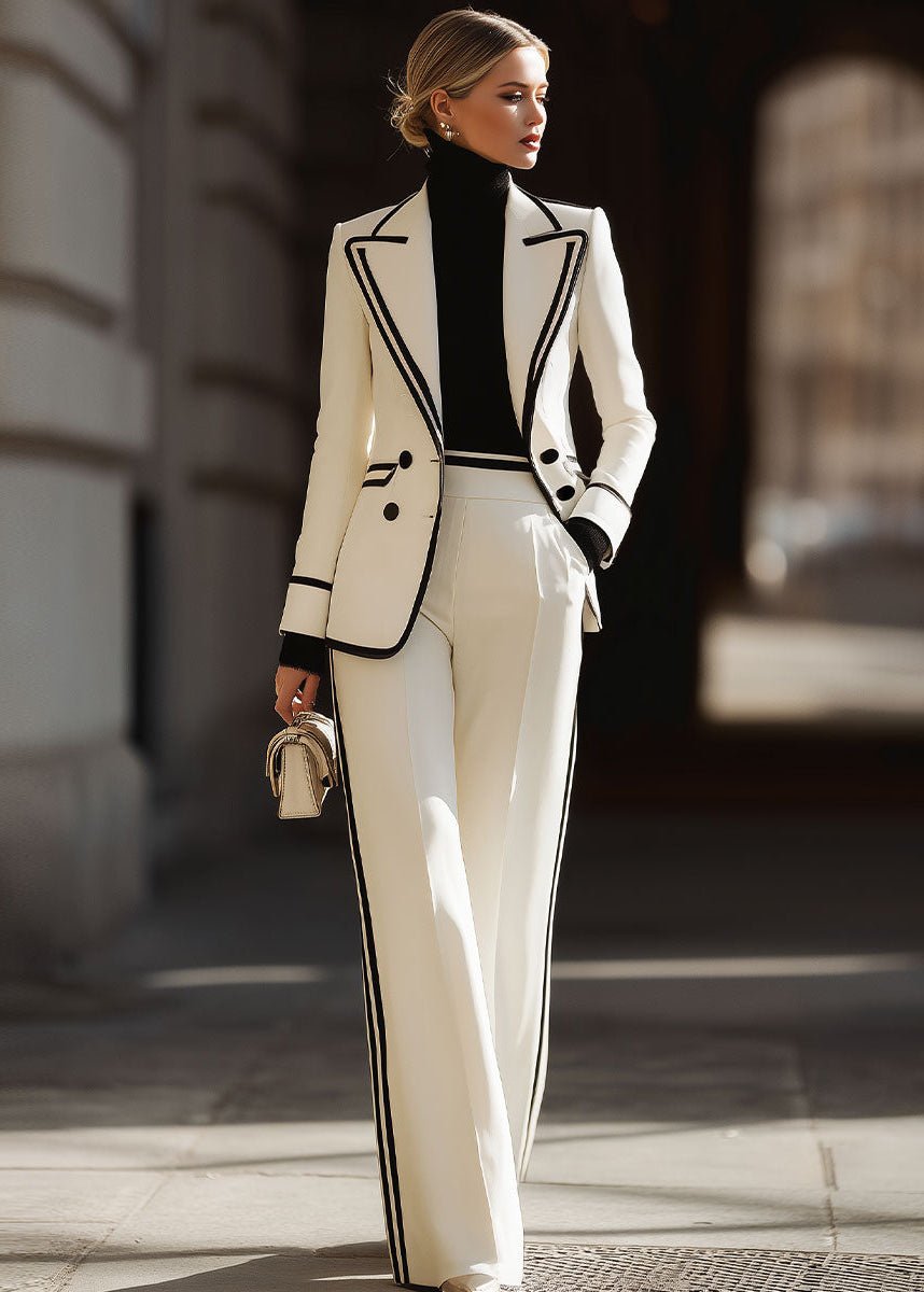 Women's Double Breasted Suit Set Structured Blazer Wide Leg Pants - White