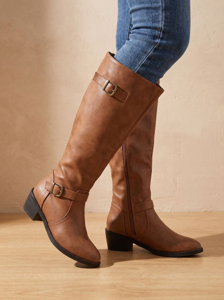 Women's Double Buckle Knee High Boots Low Block Heel