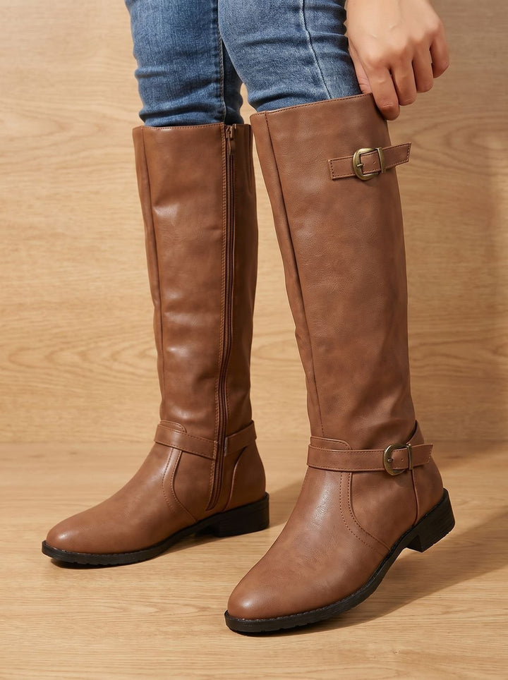 Women's Double Buckle Knee High Boots Low Block Heel - Brown