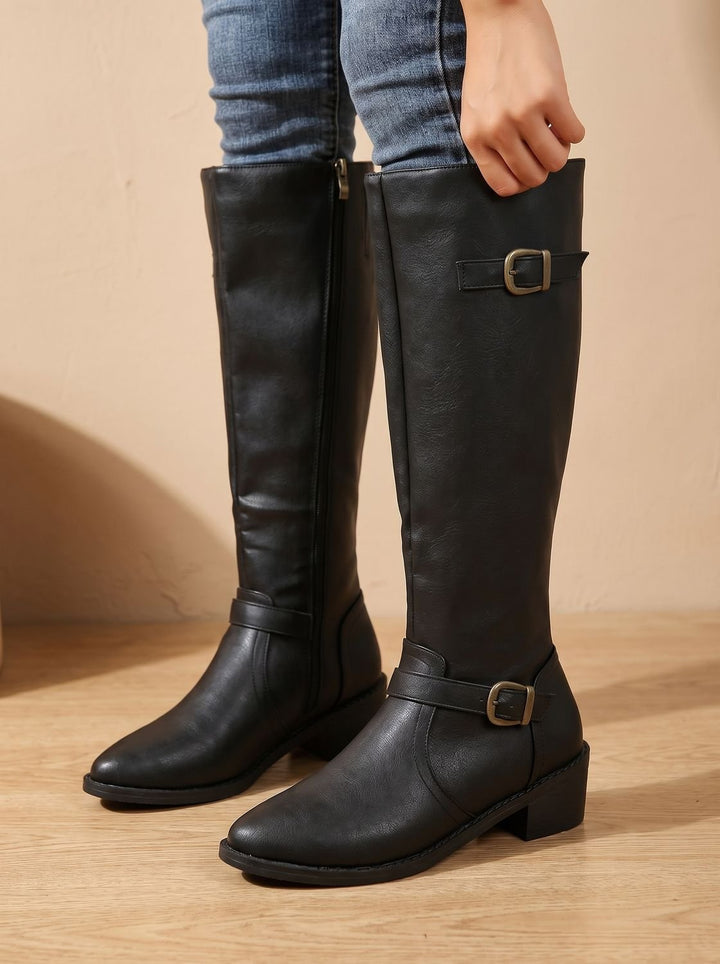 Women's Double Buckle Knee High Boots Low Block Heel - Black