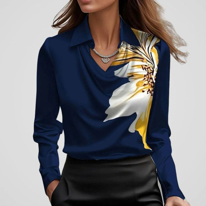 Women's Elegant Draped-Neck Long-Sleeve Satin Blouse