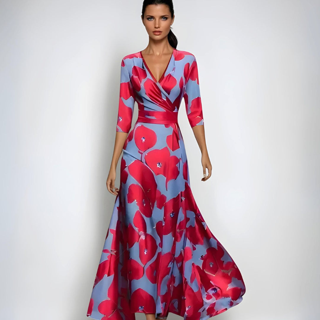 Women's Elegant V-Neck Wrap Floral Dress Maxi Length