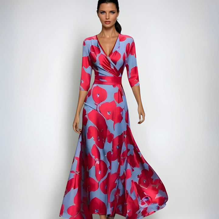 Women's Elegant V-Neck Wrap Floral Dress Maxi Length