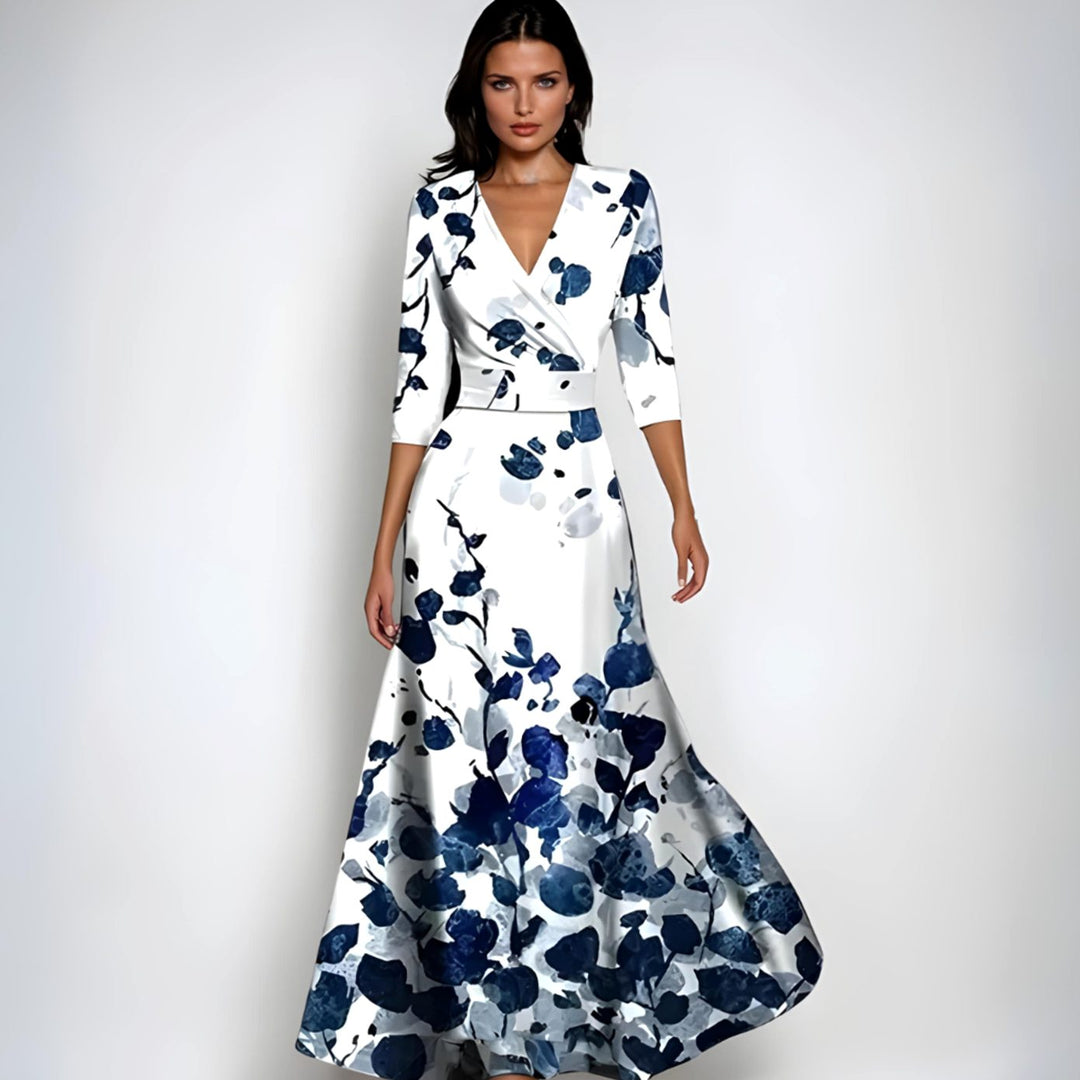 Women's Elegant V-Neck Wrap Floral Dress Maxi Length
