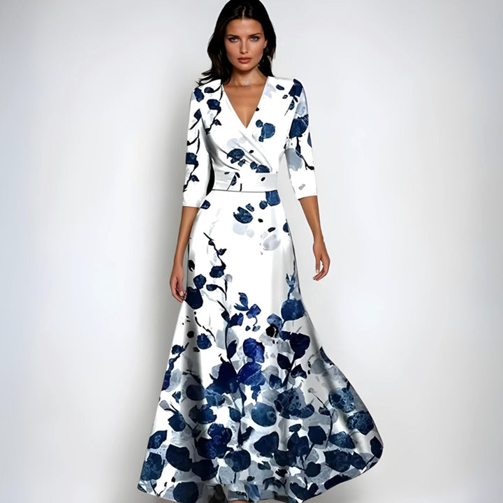 Women's Elegant V-Neck Wrap Floral Dress Maxi Length