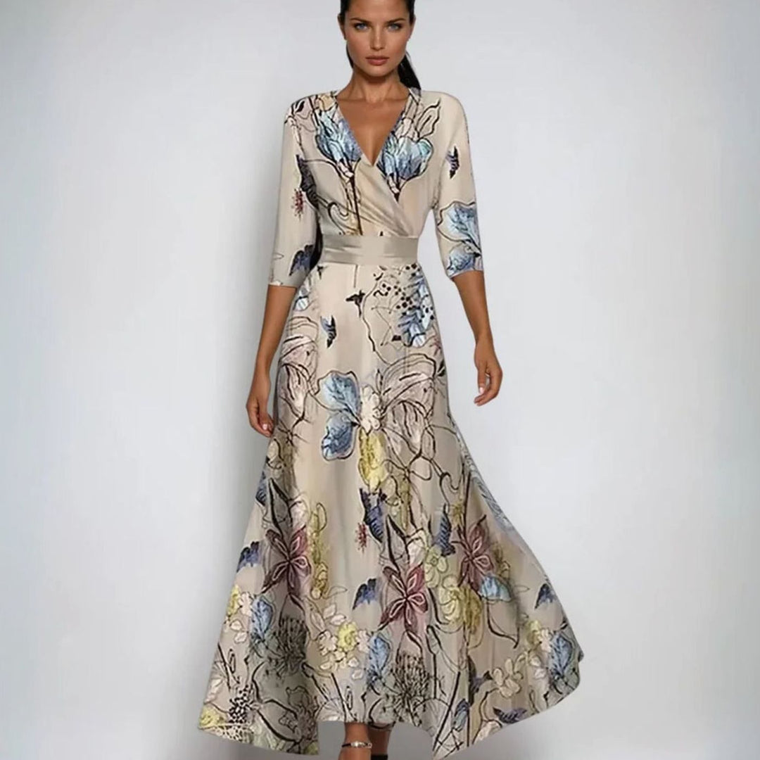 Women's Elegant V-Neck Wrap Floral Dress Maxi Length