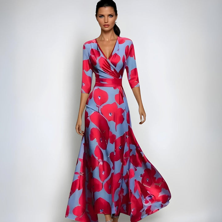 Women's Elegant V-Neck Wrap Floral Dress Maxi Length - Red/Blue