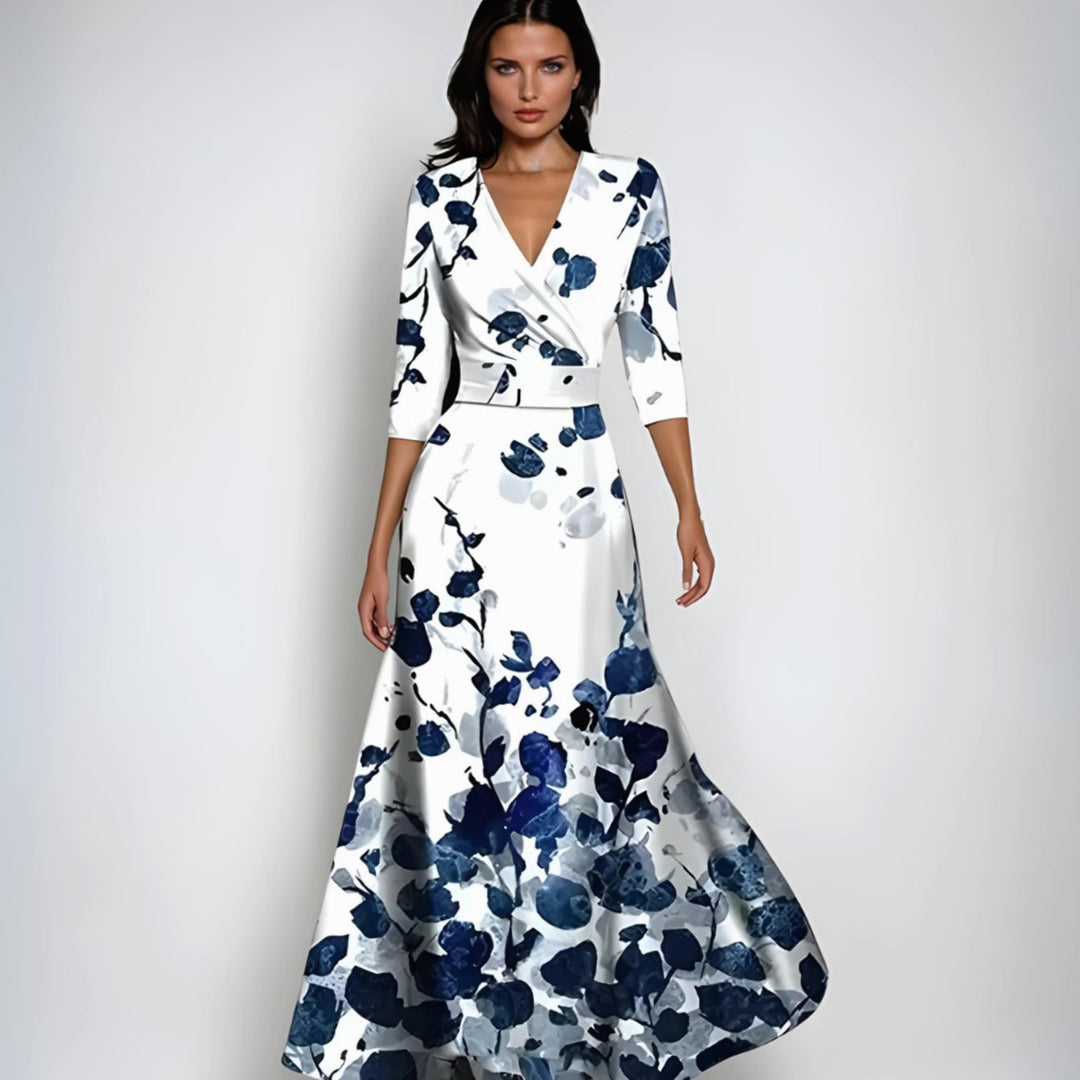 Women's Elegant V-Neck Wrap Floral Dress Maxi Length - White/Blue