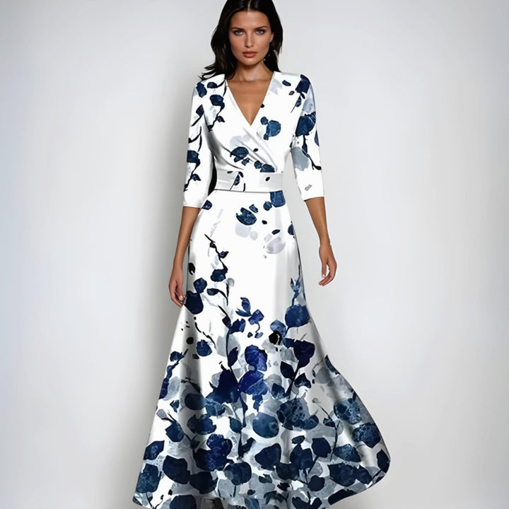 Women's Elegant V-Neck Wrap Floral Dress Maxi Length - White/Blue