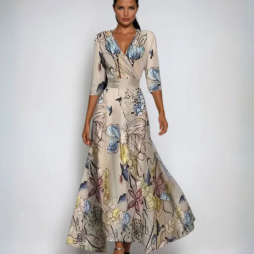 Women's Elegant V-Neck Wrap Floral Dress Maxi Length - Sand/Beige