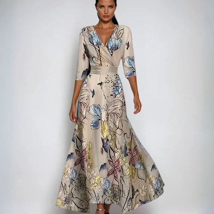 Women's Elegant V-Neck Wrap Floral Dress Maxi Length - Sand/Beige