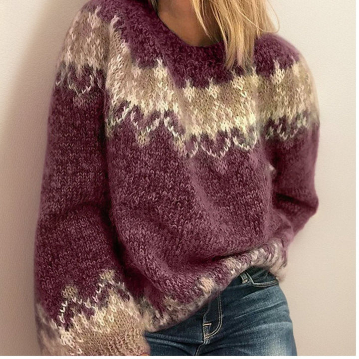 Women's Fairisle Jacquard Knit Sweater Cosy Icelandic Jumper - Red