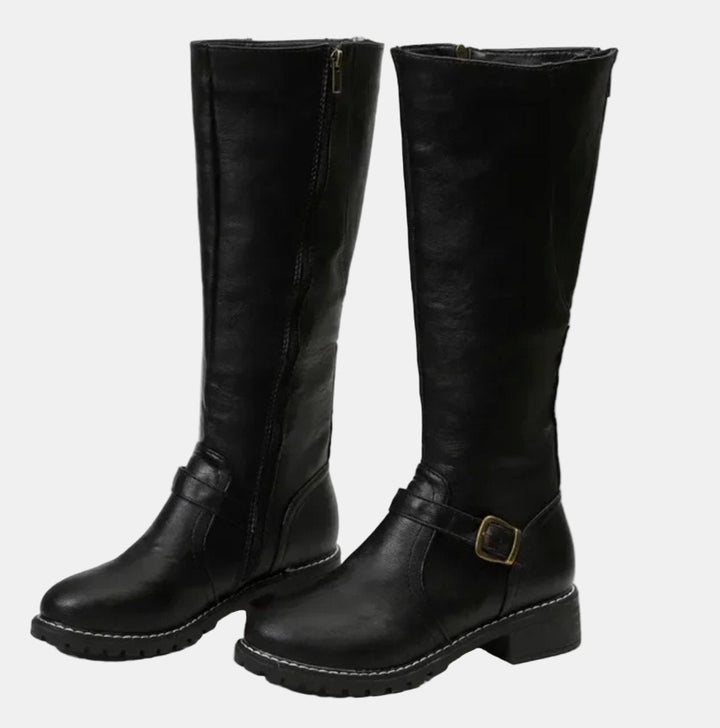 Women's Faux Leather Buckle Knee High Boots - Black