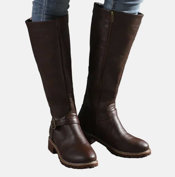 Women's Faux Leather Buckle Knee High Boots - Dark Brown