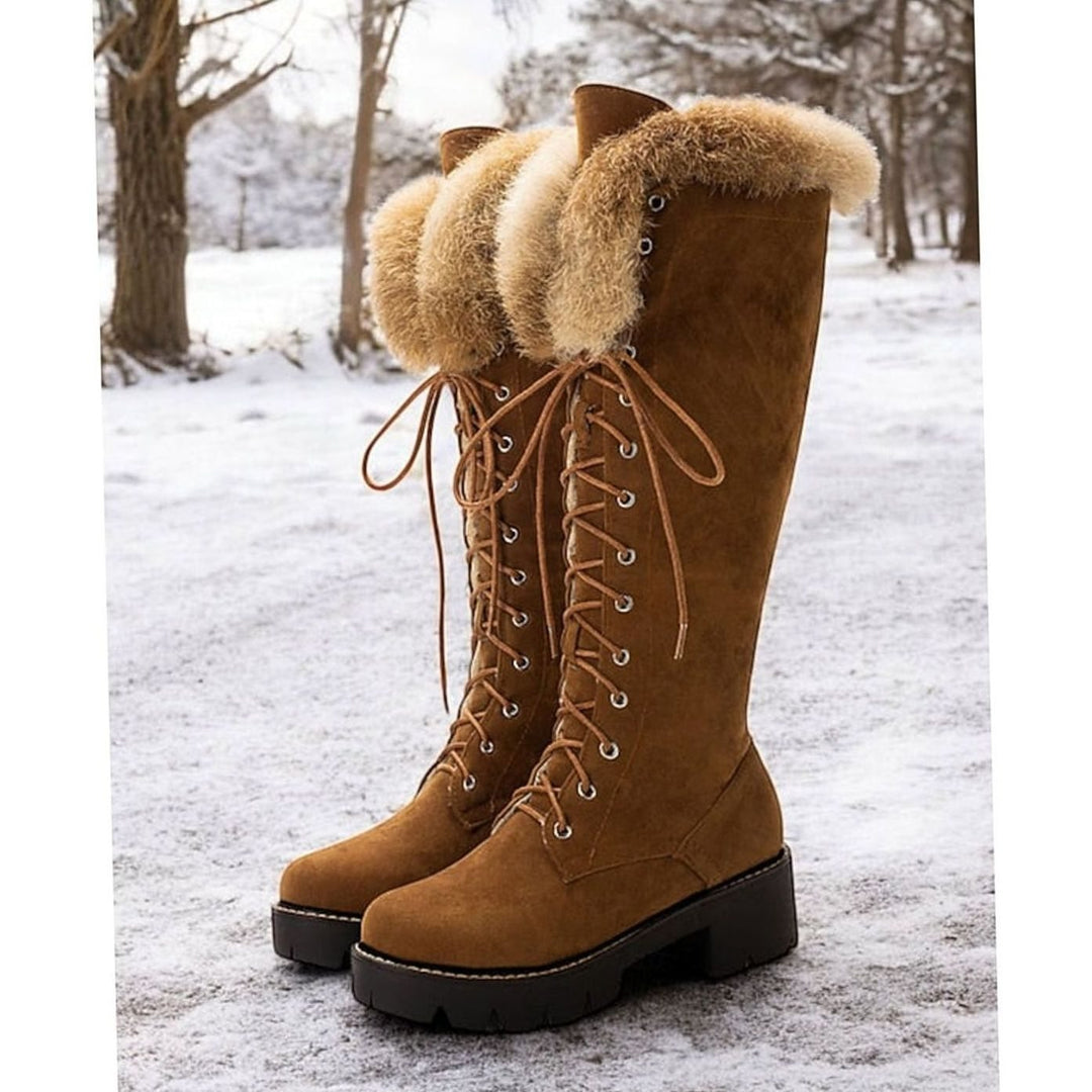 Women's Faux-Suede Lace-Up Plush-Cuff Knee-High Snow Boots - Camel