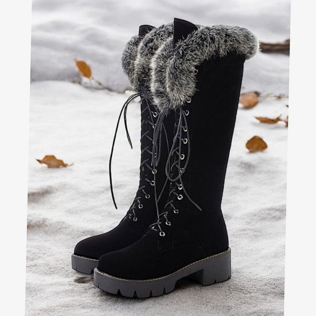 Women's Faux-Suede Lace-Up Plush-Cuff Knee-High Snow Boots - Black
