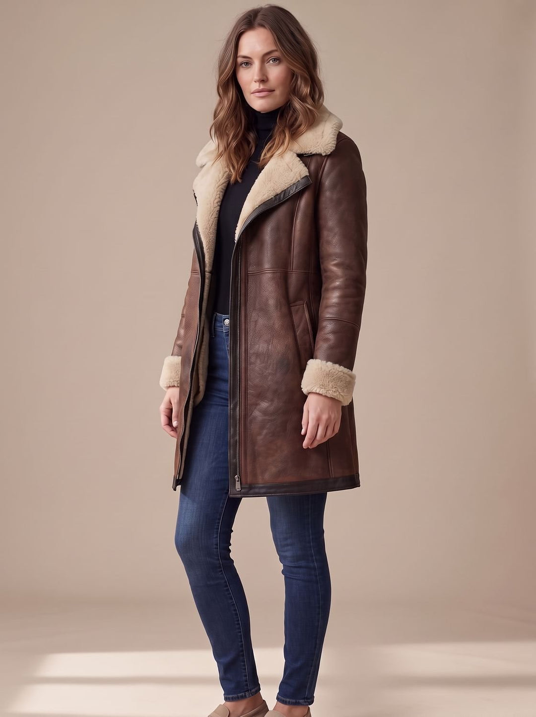 Women's Faux Suede Zip-Up Coat Shearling Collar Trim - Dark Brown