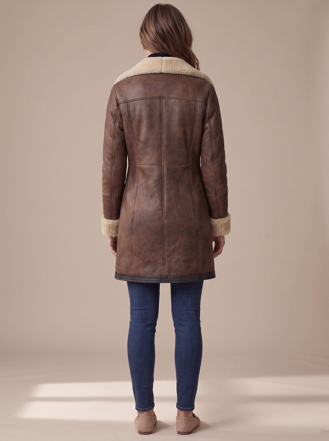 Women's Faux Suede Zip-Up Coat Shearling Collar Trim