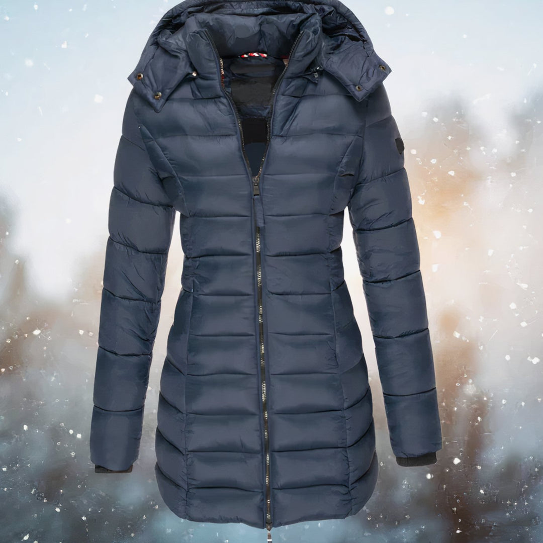 Women's Fitted Hooded Quilted Jacket Long Puffer Coat - Navy