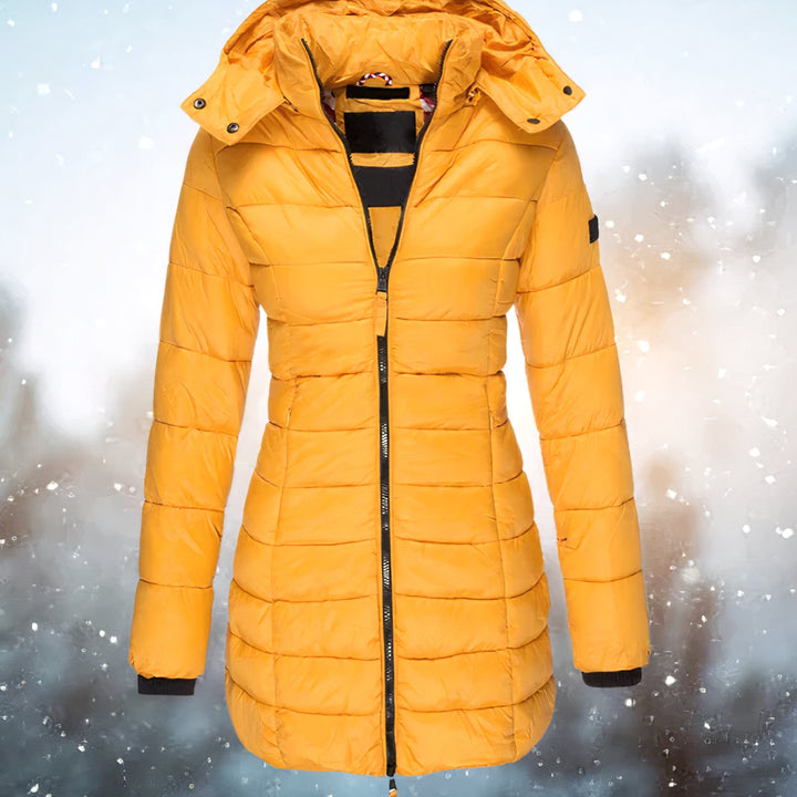 Women's Fitted Hooded Quilted Jacket Long Puffer Coat - Yellow