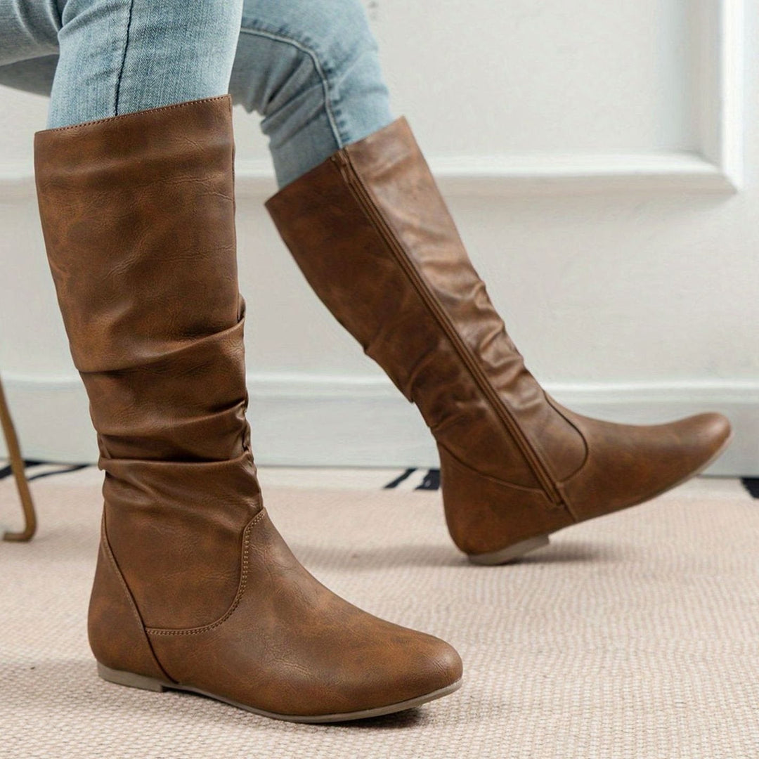 Women's Flat Slouched Mid-Calf Boots Side-Zip - Light Brown